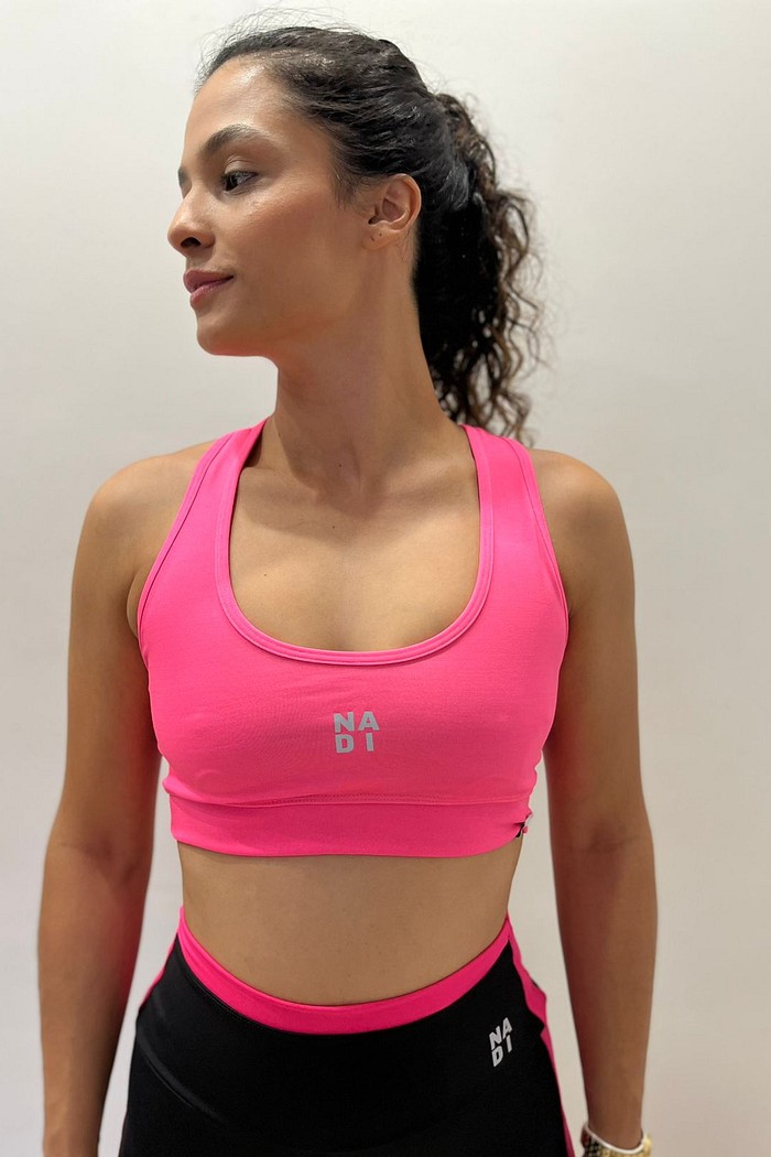 top alça cruzada rosa neon