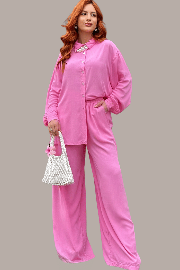 CONJUNTO VISCOLINHO _ CAMISA C/ BOTÕES E CALÇA WIDE LEG _  ROSA