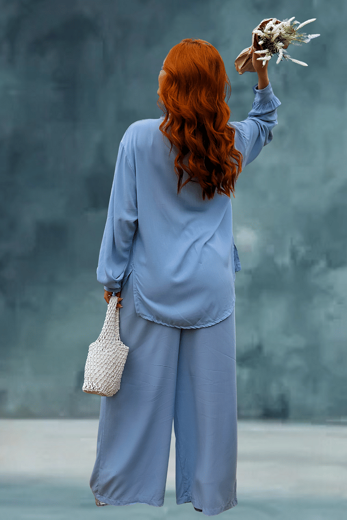 CONJUNTO VISCOLINHO _ CAMISA C/ BOTÕES E CALÇA WIDE LEG _  AZUL