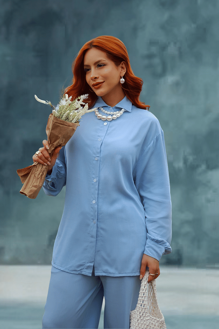 CONJUNTO VISCOLINHO _ CAMISA C/ BOTÕES E CALÇA WIDE LEG _  AZUL