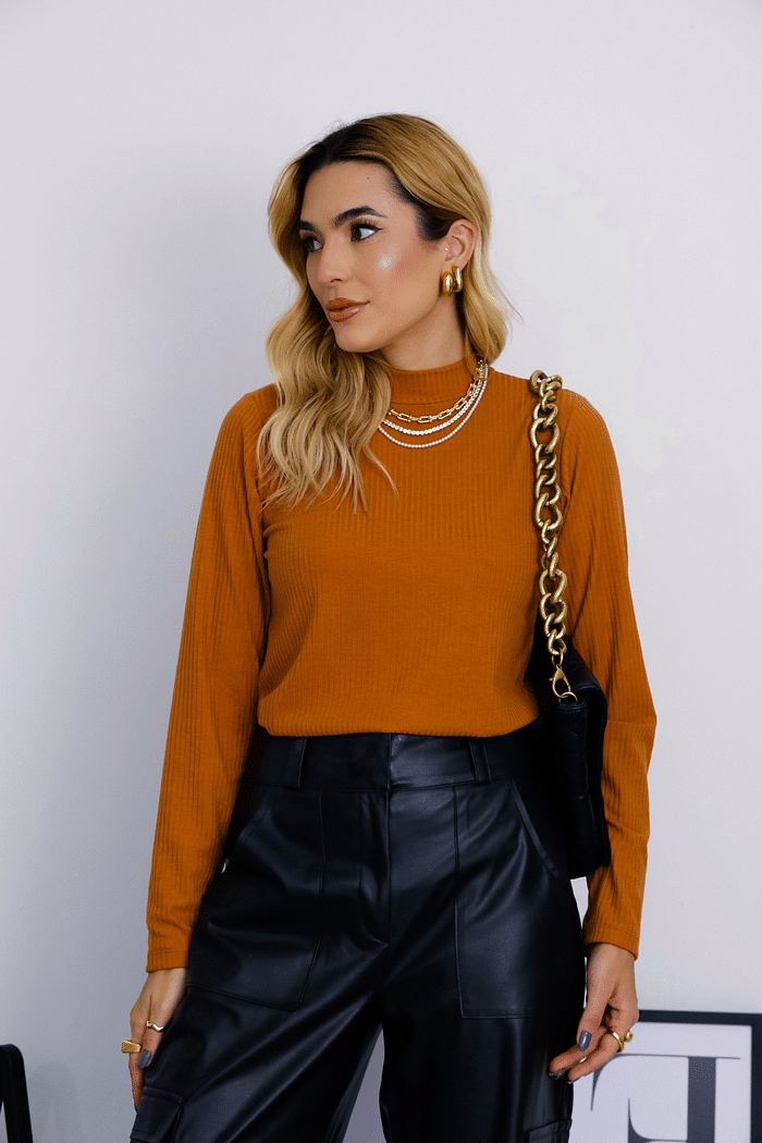 BLUSA MANGA LONGA  _ RIBANA CANELADA   _  CARAMELO