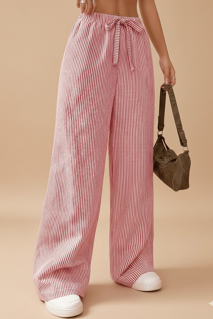 Calça Pantalona Feminina Duna com Elástico Listrada  Vermelha 26155