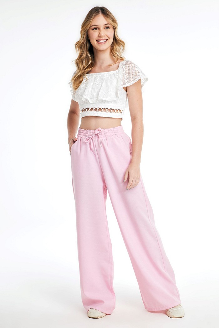 Calça Pantalona Feminina Duna com Elástico Rosa 26120