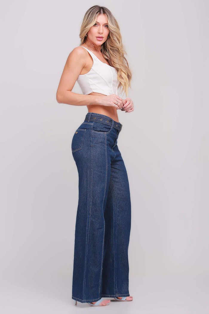Calça Jeans Wide Leg Feminina Com Cinto de AMARRAÇÃO SEM FIVELA 24683