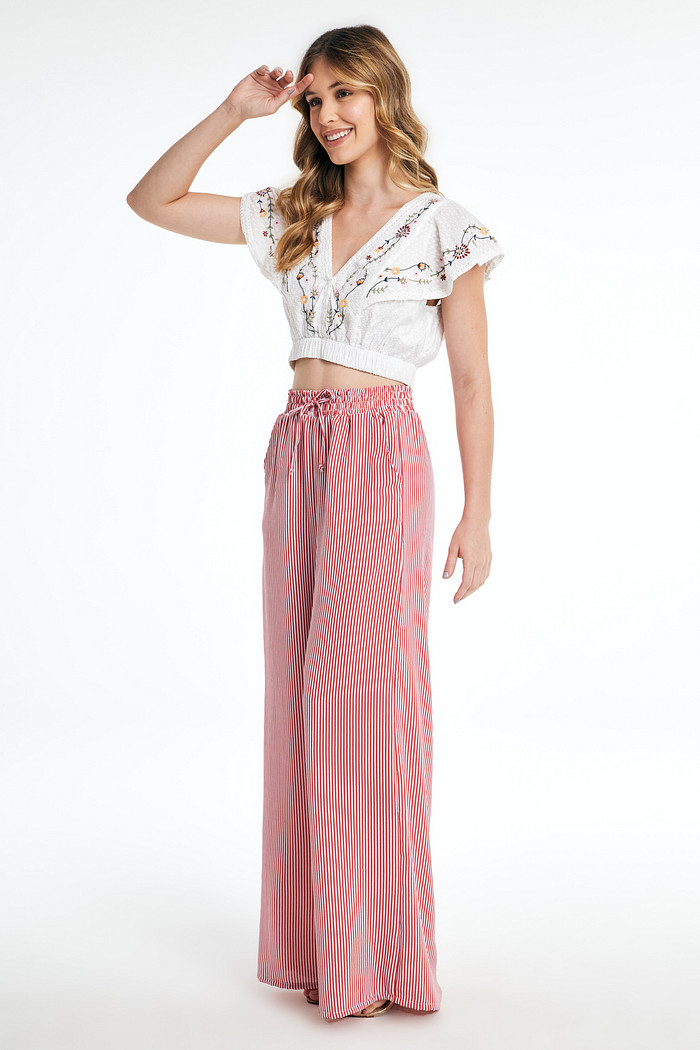 Calça Pantalona Feminina Duna com Elástico Listrada  Vermelha 26155