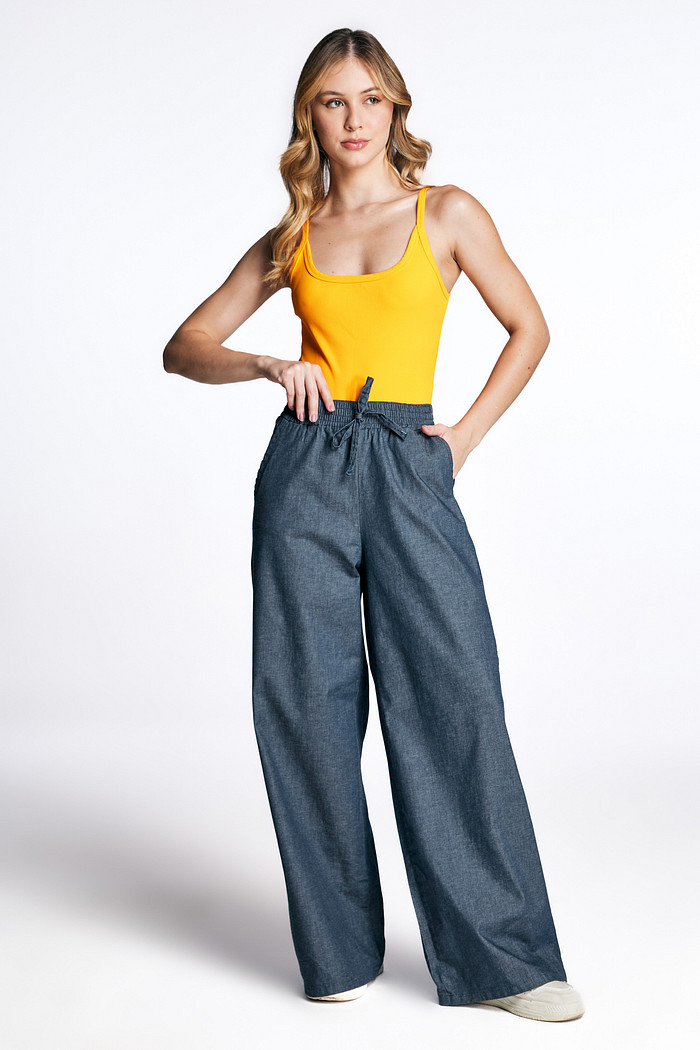 Calça Jeans Feminina Pantalona Com Elástico 25878