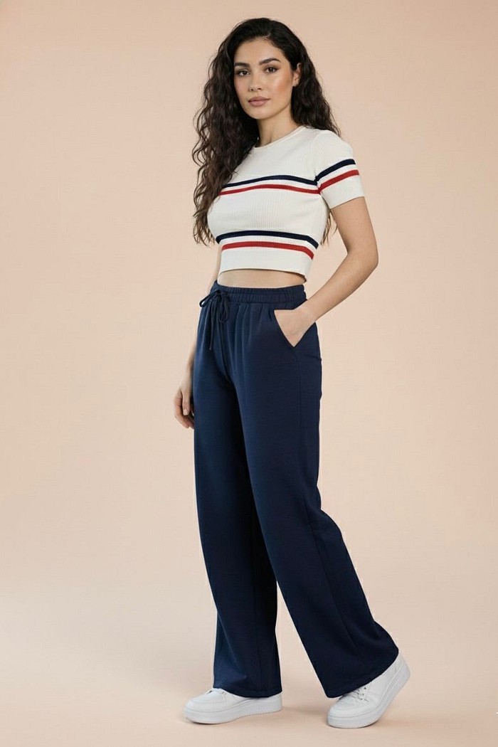 Calça Pantalona Feminina Duna com Elástico Azul Marinho 24824