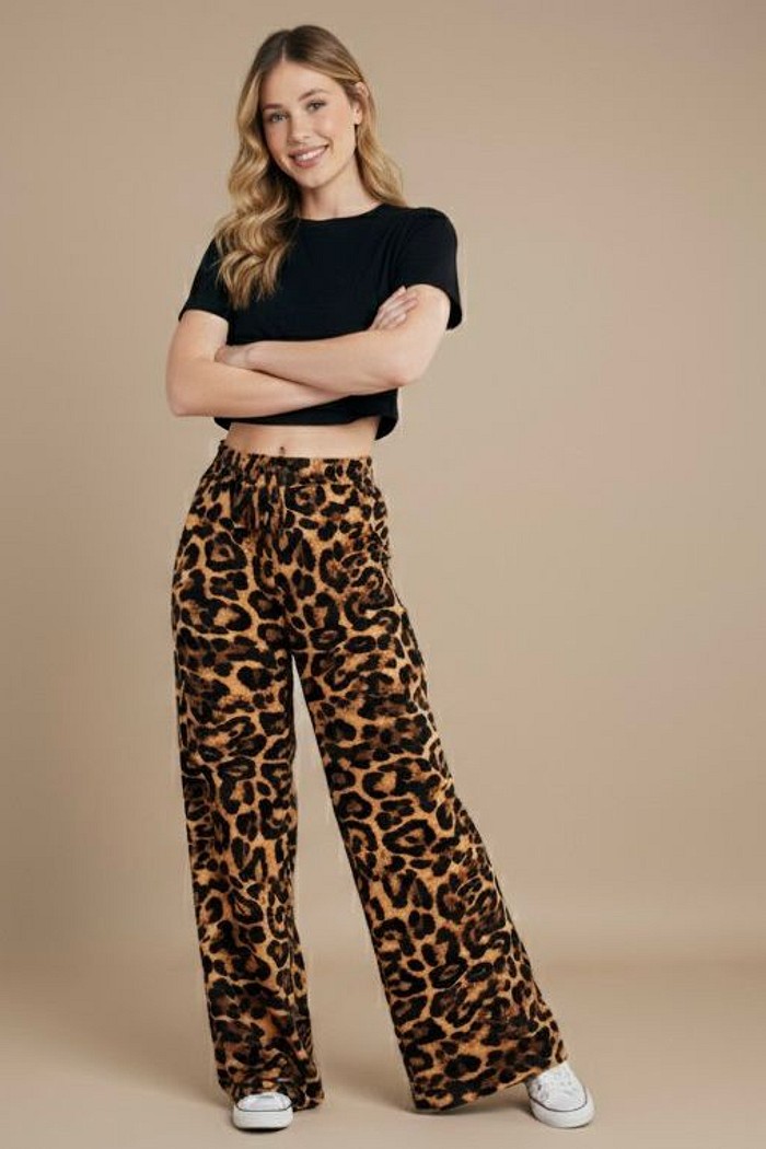 Calça Pantalona Feminina Duna com Elástico Onça 26122