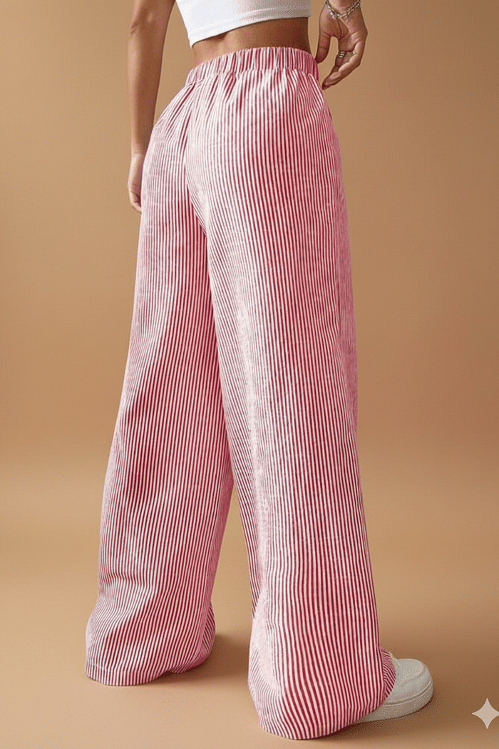 Calça Pantalona Feminina Duna com Elástico Listrada  Vermelha 26155