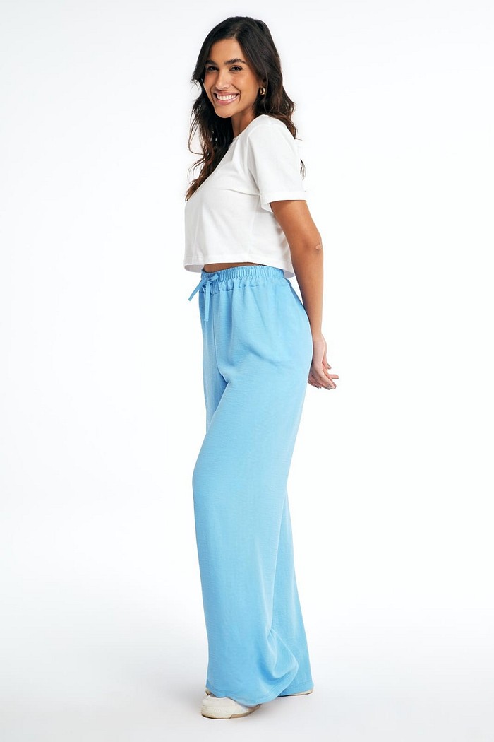 Calça Pantalona com Elástico na Cintura e Bolsos em Tecido Duna Premium  | Azul