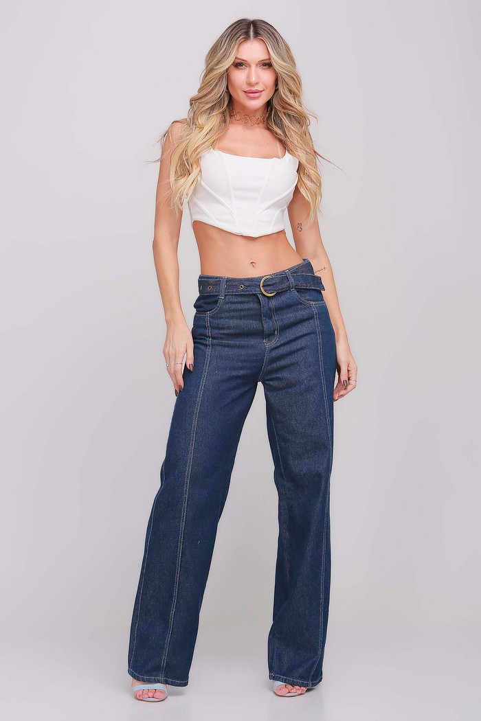 Calça Jeans Wide Leg Feminina Com Cinto de AMARRAÇÃO SEM FIVELA 24683