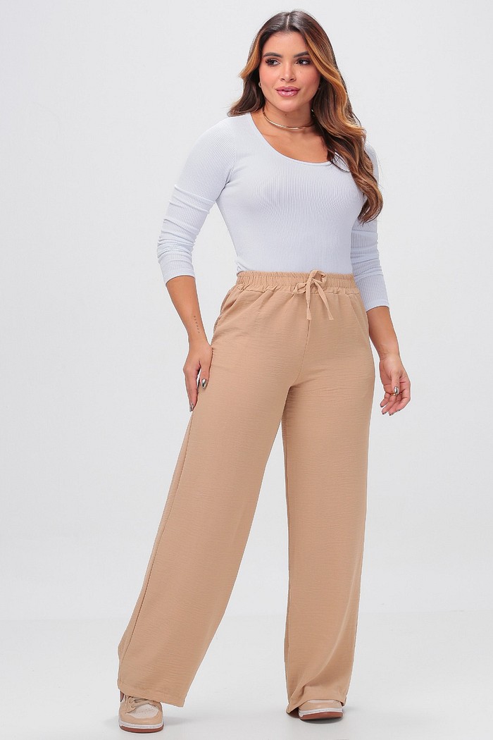 Calça Pantalona Feminina Duna com Elástico Bege 26111