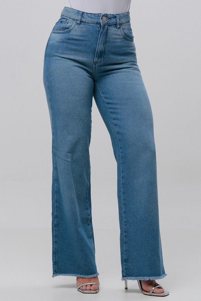 Calça Jeans Wide Leg Feminina Com Barra Desfiada 24377