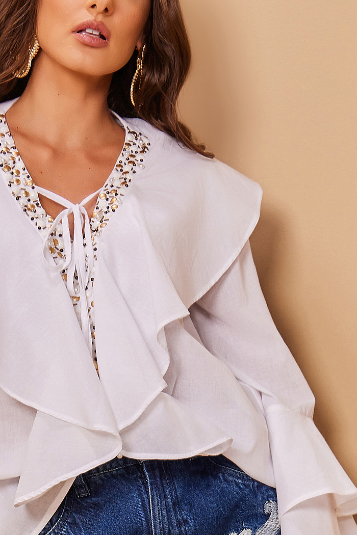 BATA VOIL COM BABADOS, BORDADO E PONTEIRA