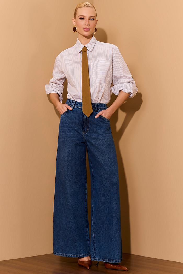 CALÇA JEANS PANTALONA COM BORDADO