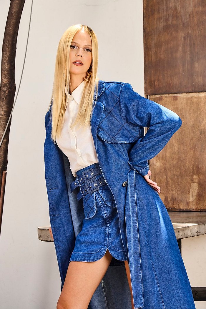 Trench Coat Jeans Com Faixa