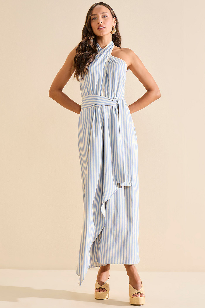 VESTIDO LISTRADO LINHO COM FAIXA