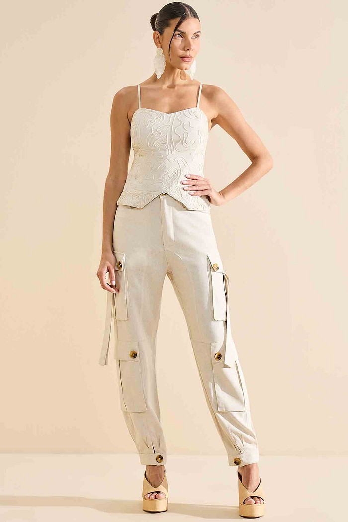 CALÇA LINHO DETALHE BOTÕES E FAIXA