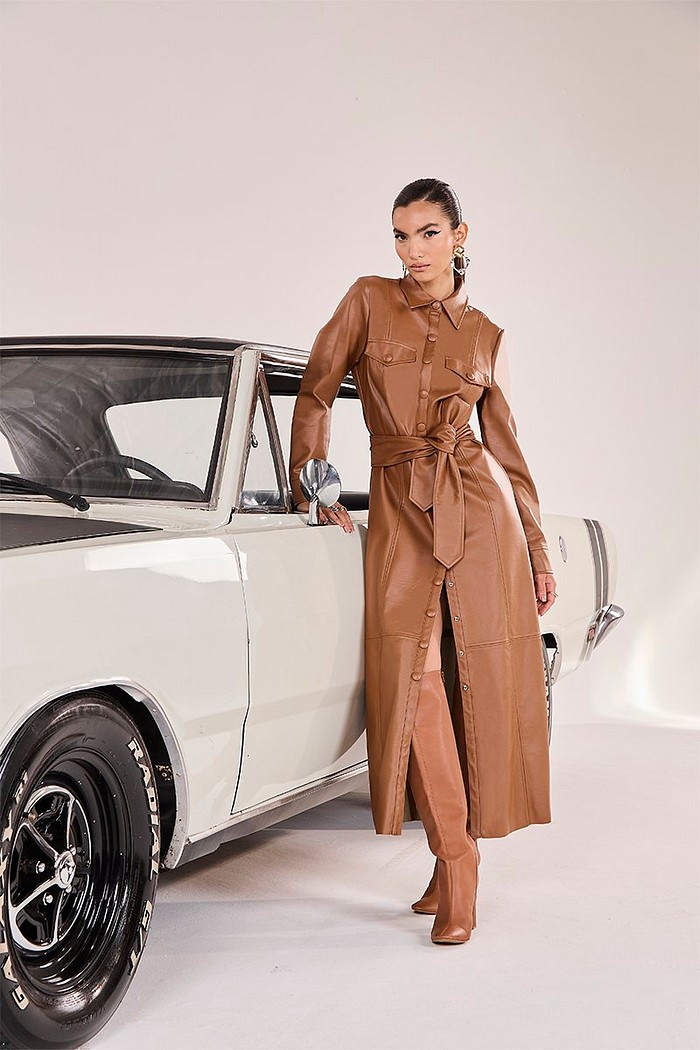 Vestido Leather Fake Chemise Com Faixa