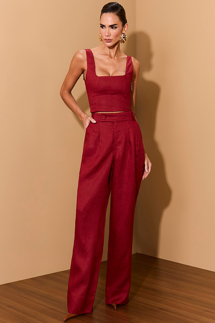 CALÇA PANTALONA EM LINHO PURO COM BOLSOS