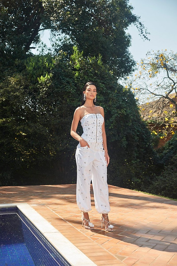 Calca Sarja Wide Leg Bordada