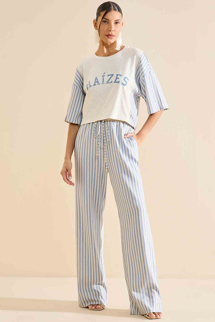 CALÇA LINHO LISTRADO DETALHE CÓS