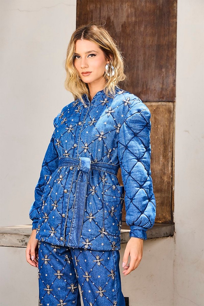 Jaqueta Jeans Puffer Denim Com Bordado