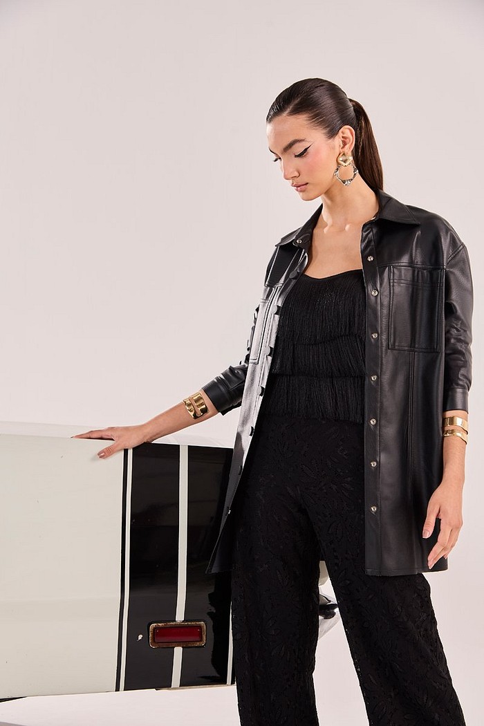 Camisa M/l Leather Fake Detalhe Bolsos