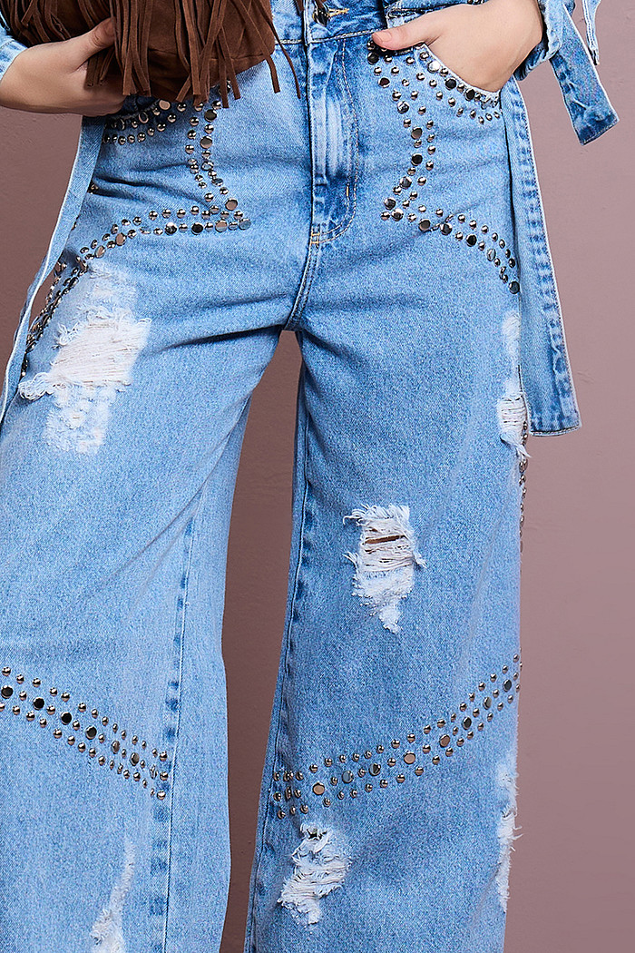 CALÇA JEANS PANTALONA COM TACHAS