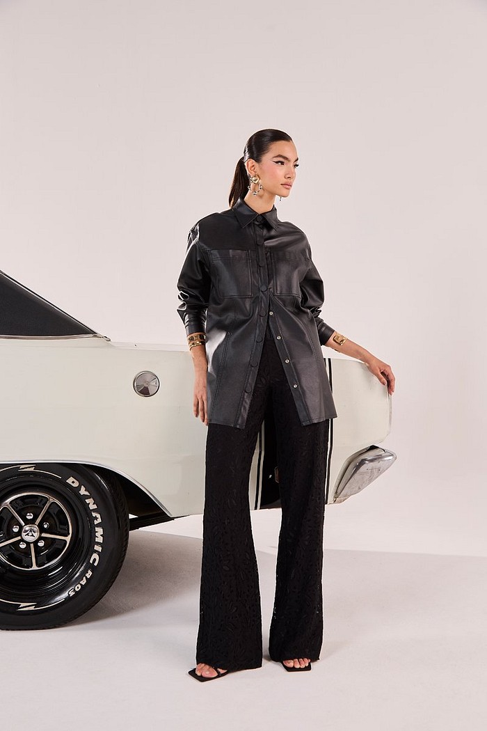 Camisa M/l Leather Fake Detalhe Bolsos