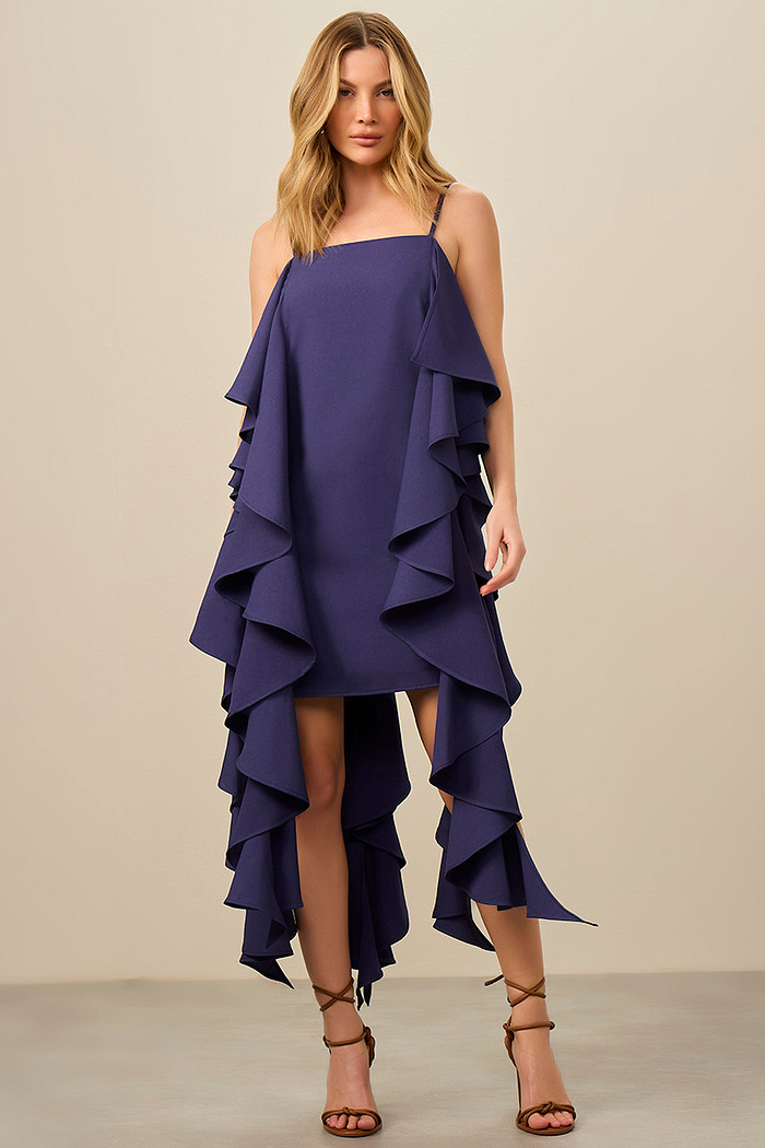 VESTIDO FRENTE ÚNICA BABADO ALFAIATARIA