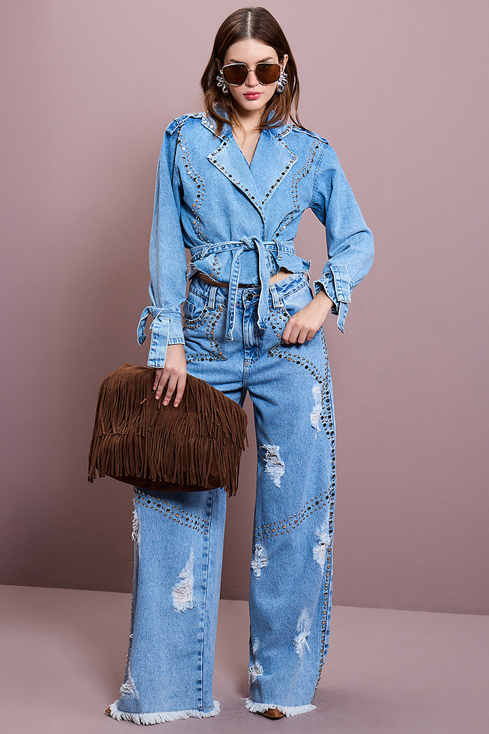 CALÇA JEANS PANTALONA COM TACHAS