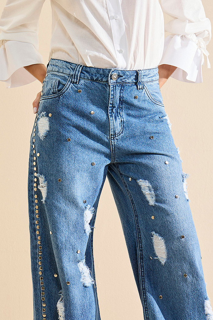 CALÇA JEANS WIDE LEG RASGOS E BORDADO