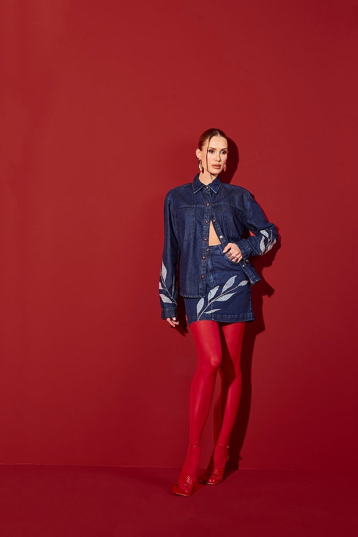 Saia Jeans Com Estampa E Bordado