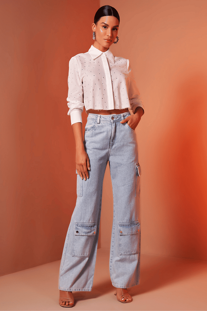 Camisa Cropped Com Aplicacao De Cristal
