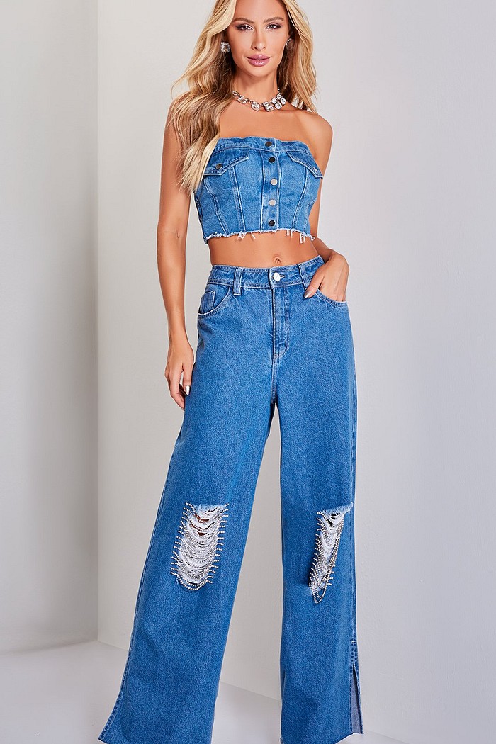 Calca Jeans Wide Leg Bordada Luleg 223
