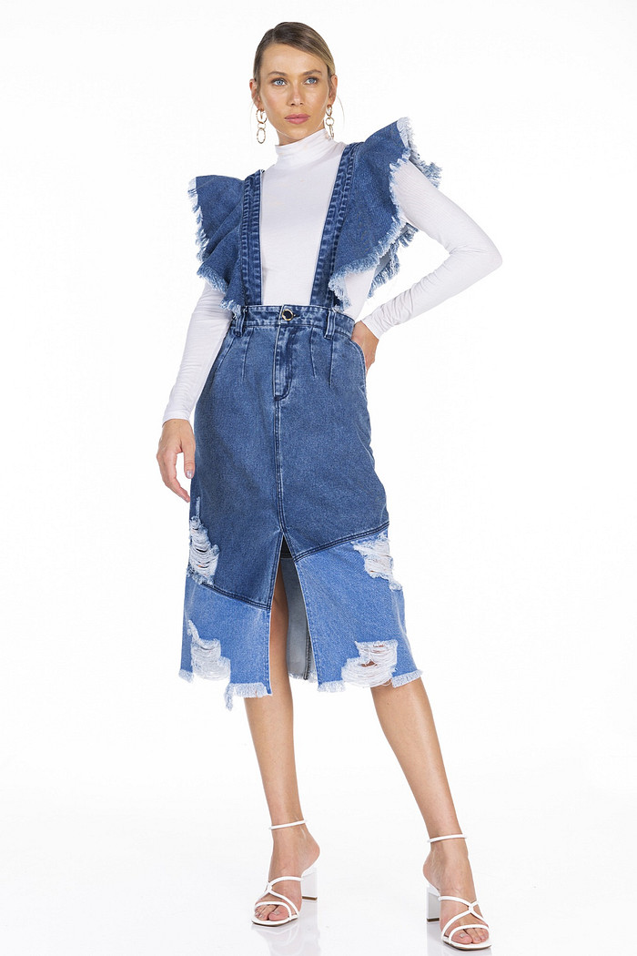 Jardineira Jeans Midi Com Alca Viber 122