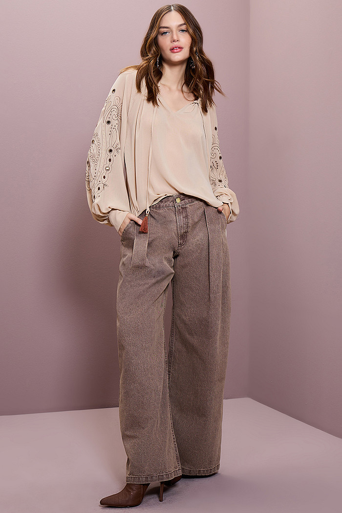 CALÇA SARJA WIDE LEG ESTONADA