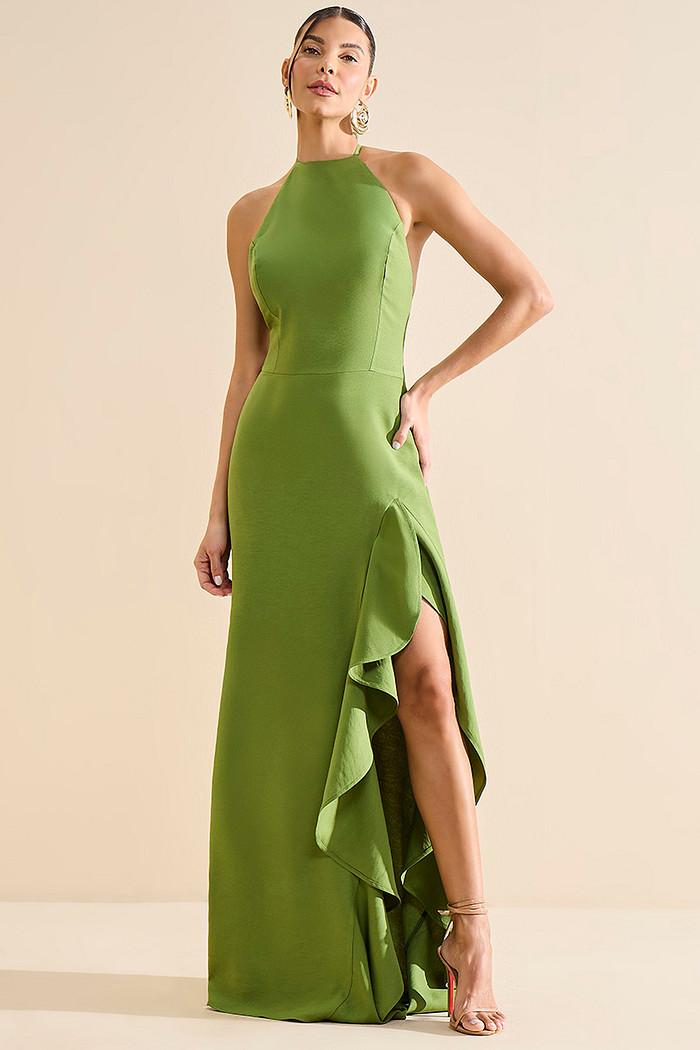 VESTIDO LONGO COM BABADO LATERAL