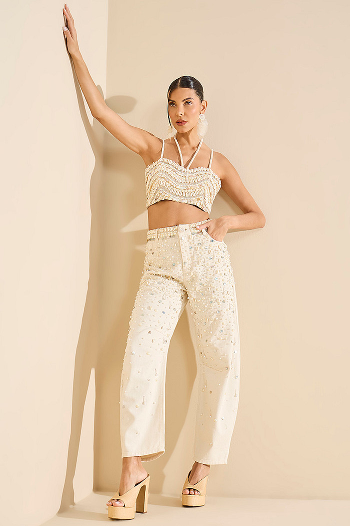 CALÇA SARJA BARREL BORDADA