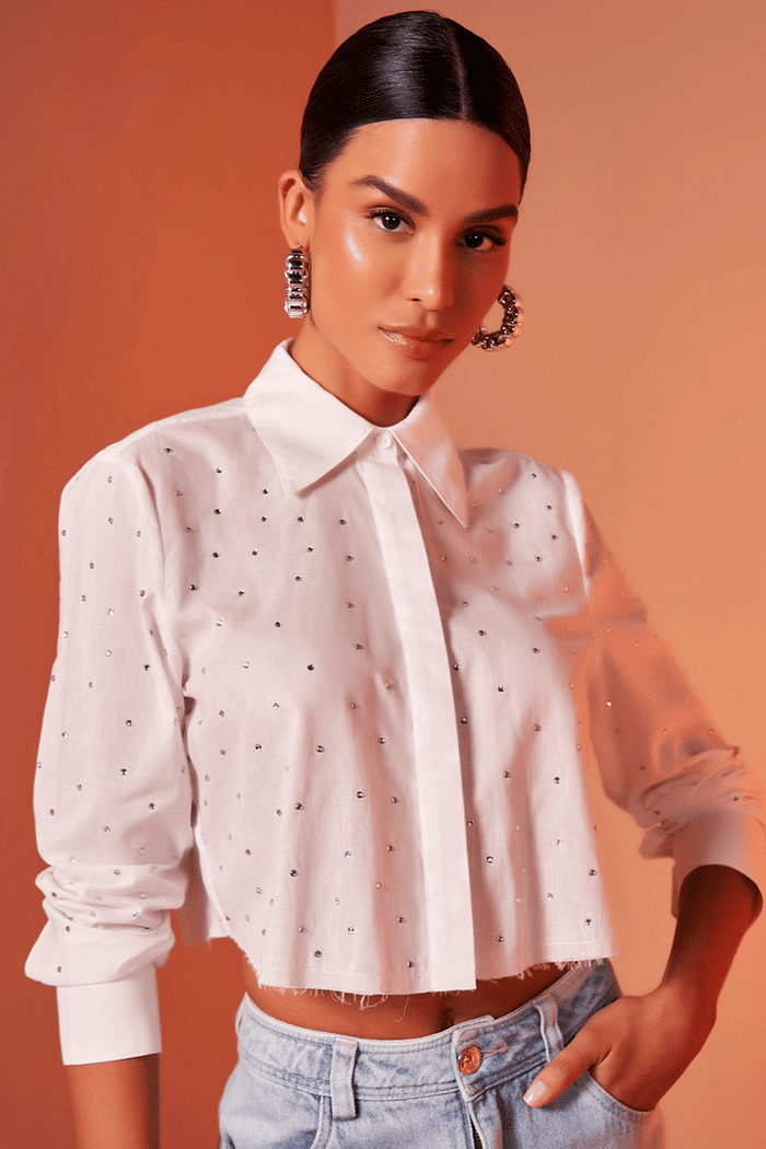 Camisa Cropped Com Aplicacao De Cristal