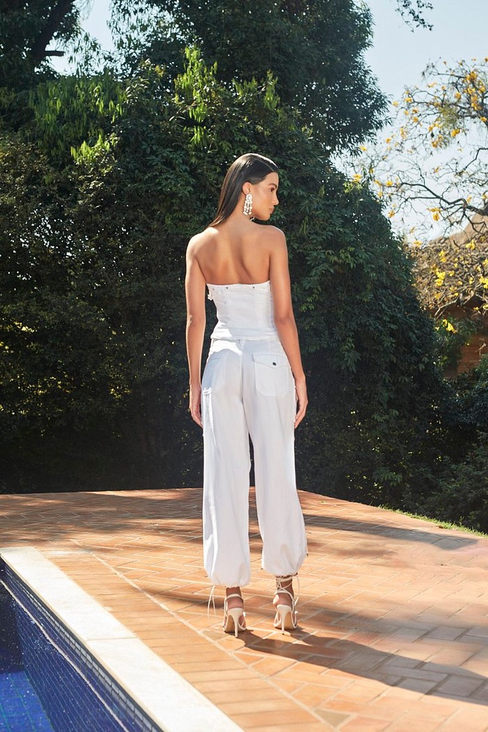 Calca Sarja Wide Leg Bordada