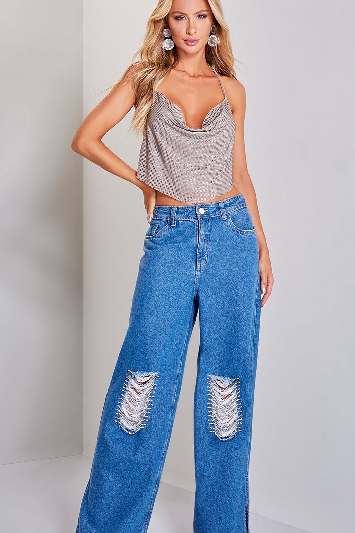 Calca Jeans Wide Leg Bordada Luleg 223