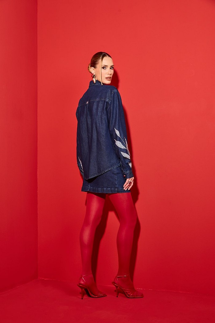 Saia Jeans Com Estampa E Bordado