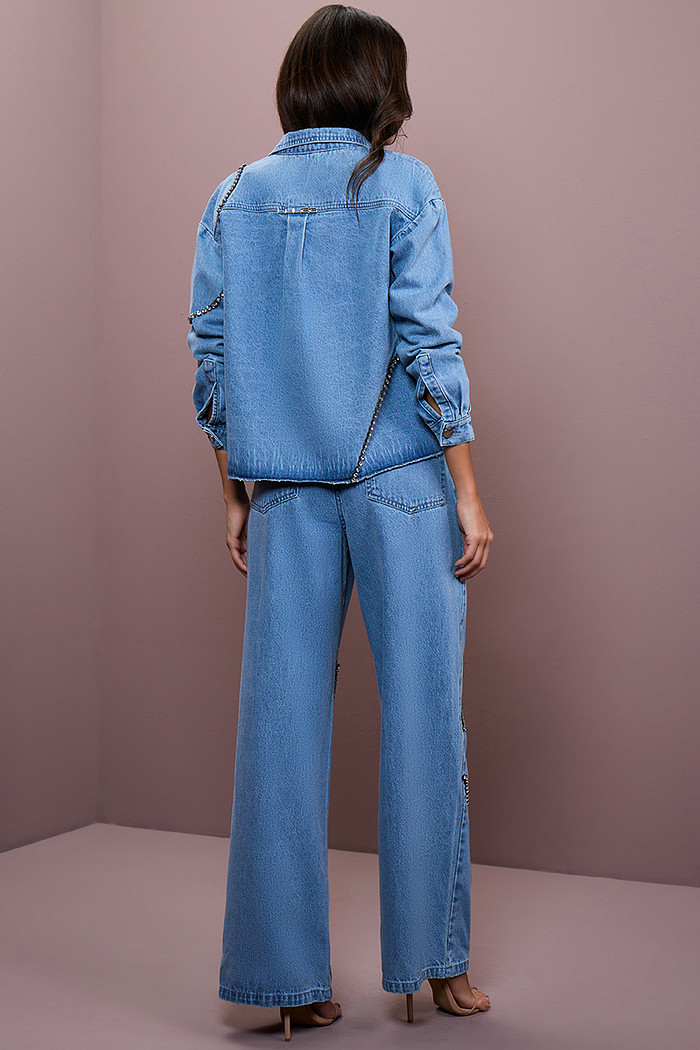 CALÇA JEANS WIDE LEG COM BORDADO