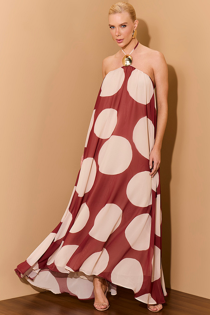VESTIDO LONGO FLUIDO ESTAMPA CIRCULAR COM METAL