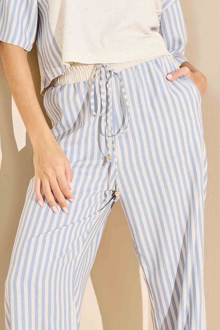 CALÇA LINHO LISTRADO DETALHE CÓS