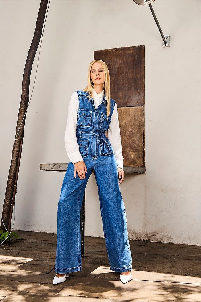 Macacao Jeans Longo Com Faixa