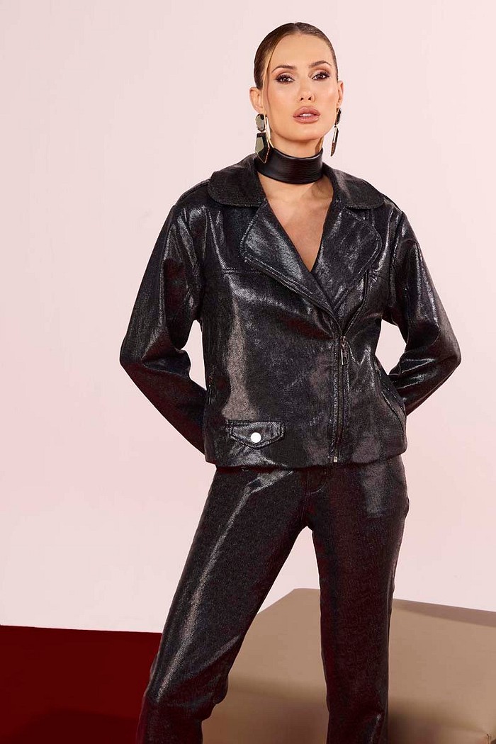 Jaqueta Jeans Biker Resinada