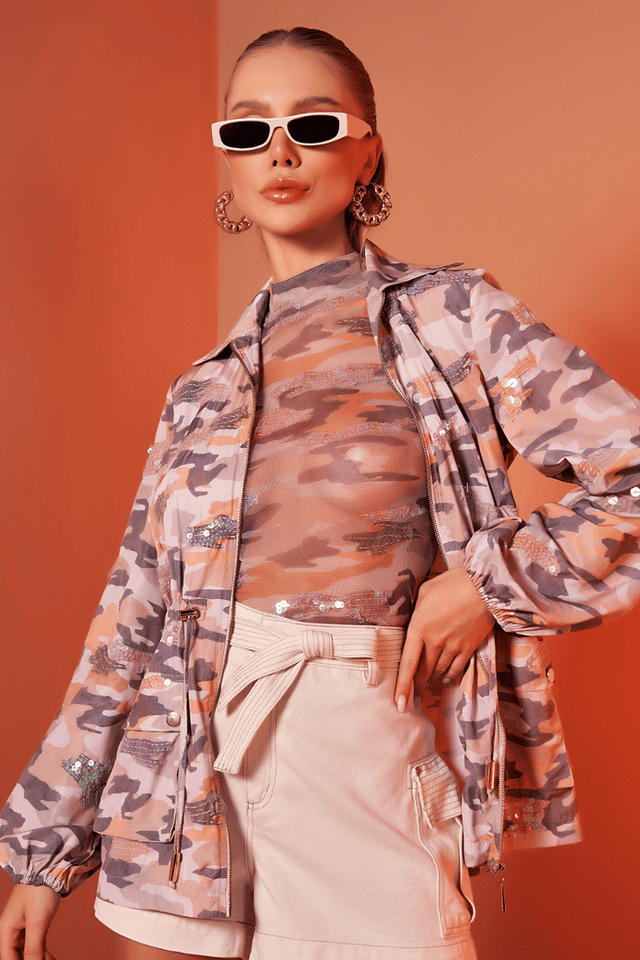 Blusa M/l Tule Estampada Com Bordado